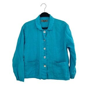 FLAX 100% Linen Jacket Turquoise Blue Button Front Pockets Women's Small S